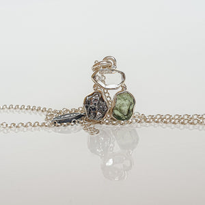 Legendary Moldavite, Herkimer Diamond and Meteorite Silver Pendant "Heavenly Trio"