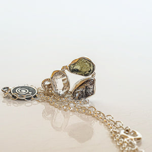 Legendary Moldavite, Herkimer Diamond and Meteorite Silver Pendant "Heavenly Trio"