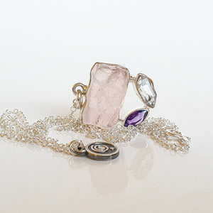 Pink Quartz, Amethyst and Herkimer Diamond Silver Pendant with chain "Heavenly Heart"