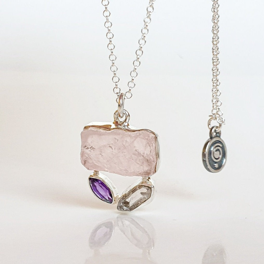 Sterling Silver Diamond & Amethyst Pink Quartz Heart Pendant Sterling Silver Diamond & Amethyst Pink Quartz Heart Pendant