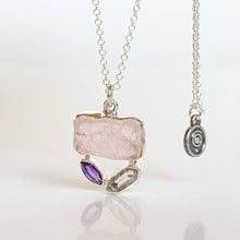 Load image into Gallery viewer, Pink Quartz, Amethyst and Herkimer Diamond Silver Pendant with chain &quot;Heavenly Heart&quot;