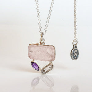 Pink Quartz, Amethyst and Herkimer Diamond Silver Pendant with chain "Heavenly Heart"