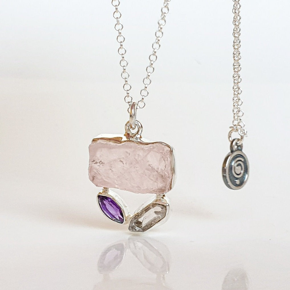 Pink Quartz, Amethyst and Herkimer Diamond Silver Pendant with chain 