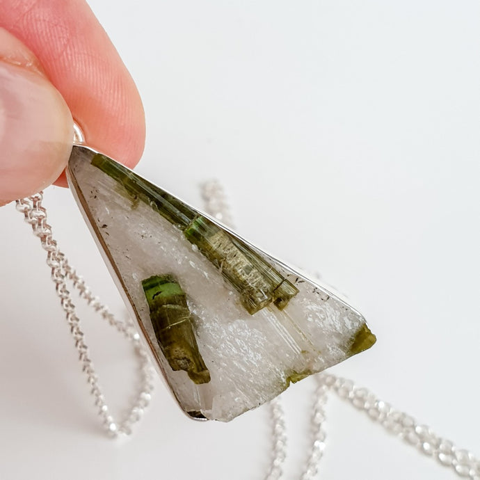 Mountain Crystal and Green Tourmaline Silver Pendant Necklace 