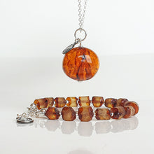 Load image into Gallery viewer, Set of Amber Silver Long Pendant Necklace and Bracelet for Women &quot;Sun Stories&quot;