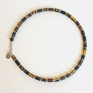 Black Amber Silver Necklace for Men "Sun Stories"