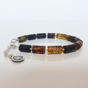 Black  Baltic Amber Adjustable Silver Bracelet for Women "Sun Stories"