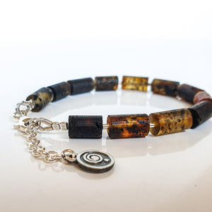 Black  Baltic Amber Adjustable Silver Bracelet for Women "Sun Stories"