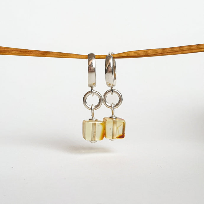 Silver 925 Earrings with Natural Cube Polished Baltic Amber 