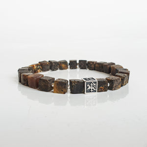 Black Baltic Amber Non Polished Cube Silver 925 Bracelet - Vytis - "Sun Stories"