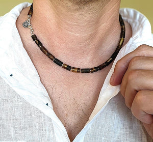 Black Amber Silver Necklace for Men "Sun Stories"